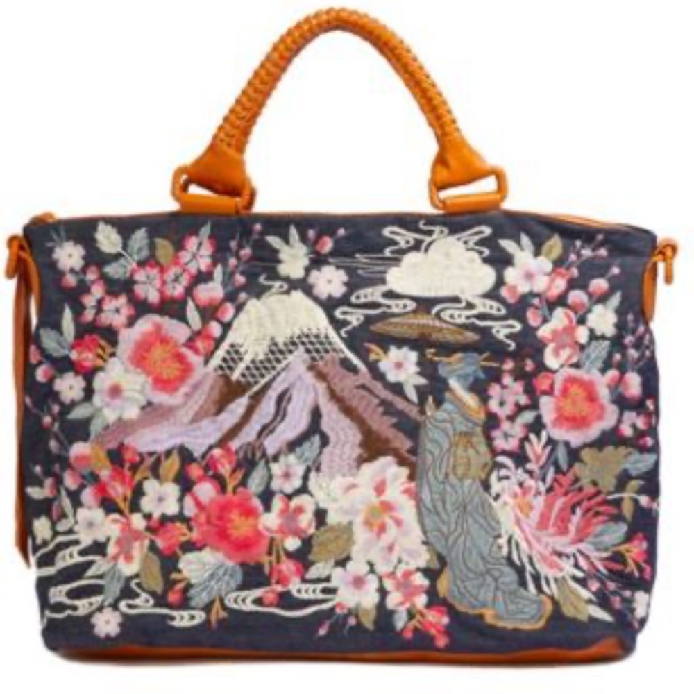 Johnny Was Navy Floral Embroidered Tote
